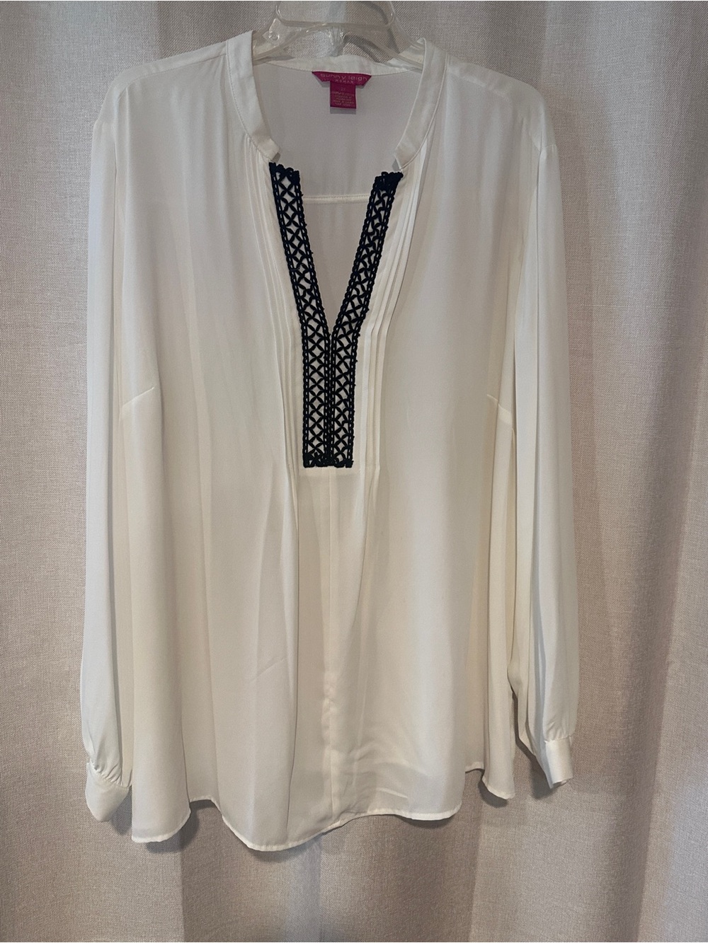 Sunny Leigh Ivory Long-Sleeve Blouse with Black Crochet Placket
